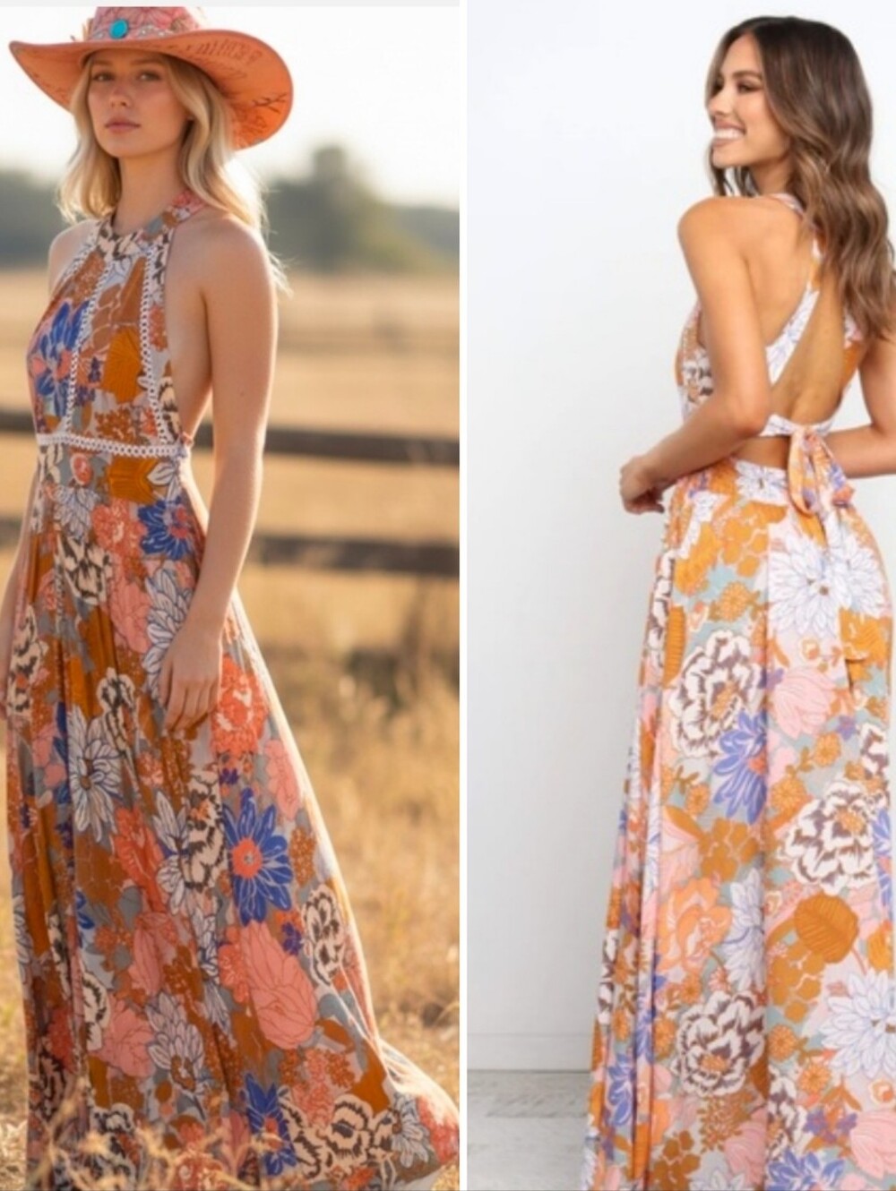 Petal & Pup Boho, Retro, 70s Hippie chic, Cottagecore Halter Maxi Dress Size Sm